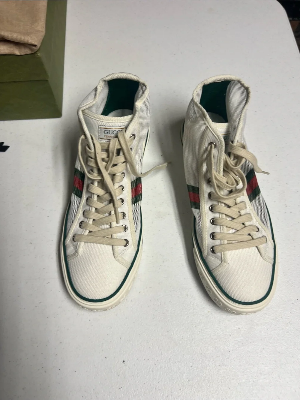 Gucci Men’s Cream High-Top Sneakers with Green & Red Web Stripe